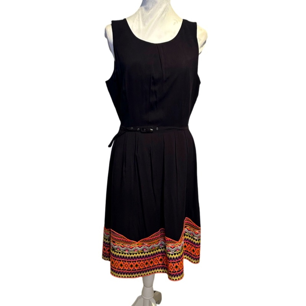 BCBG Max Azria, black, sleeveless, fit and flare dress with embroidered hem